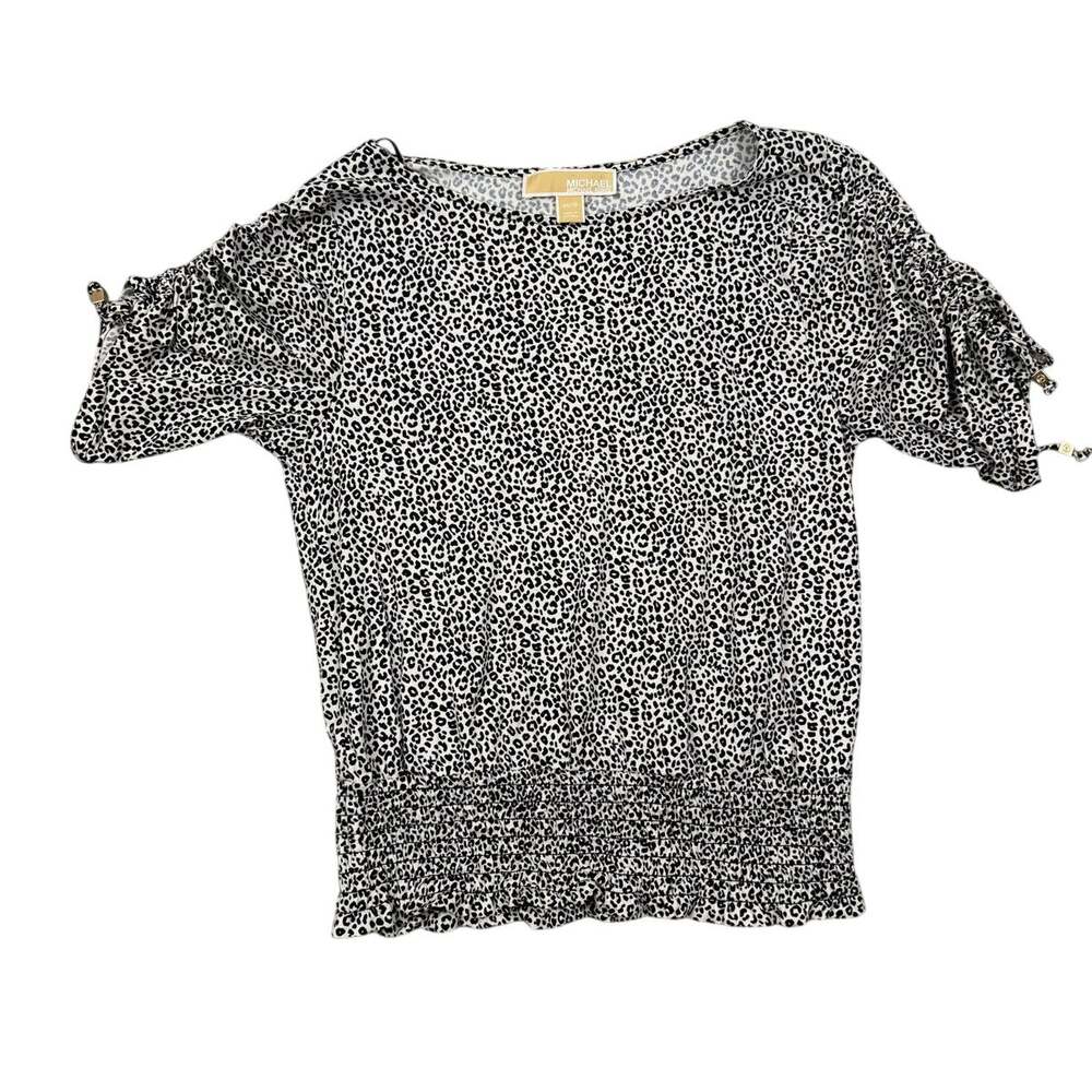 Michael Kors Black & White Cold Shoulder Tie Sleeve Animal Print Top Sz Small